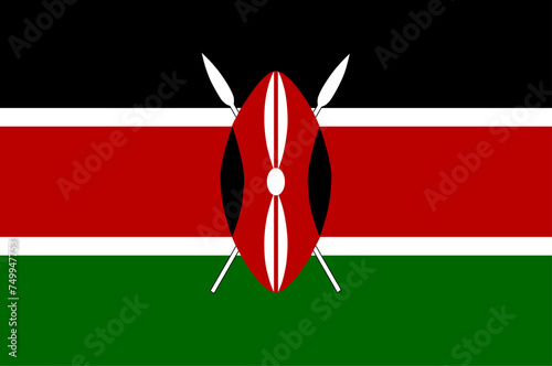 Close-up of black, white, red and green national flag of African country of Kenya with shield and spears. Illustration made February 14th, 2024, Zurich, Switzerland.