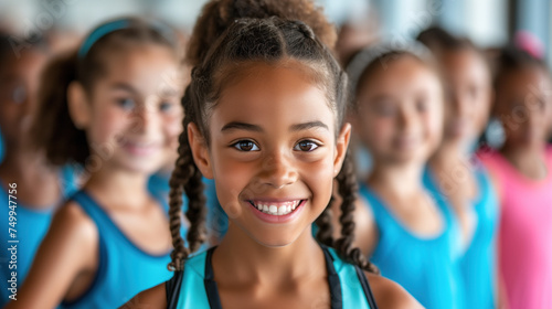 Smiling Multiracial Group of Young Girls in Dance Class