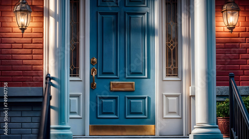 At the threshold of a captivating home with a striking blue door. Generative AI