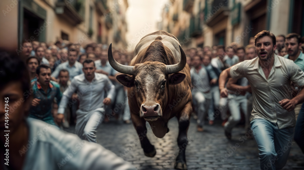 Bulls and participants race through the streets at San Fermín. Generative AI