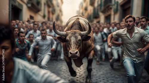 Bulls and participants race through the streets at San Fermín. Generative AI