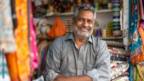 A cheerful Indian cloth merchant or clothing store owner sits happily in their shop, surrounded by colorful fabrics and textiles.