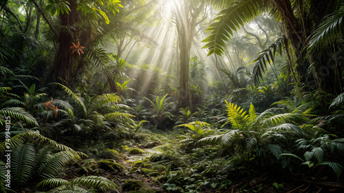 Tropical forest adorned with copious vegetation and sunlight. Generative AI © REC Stock Footage