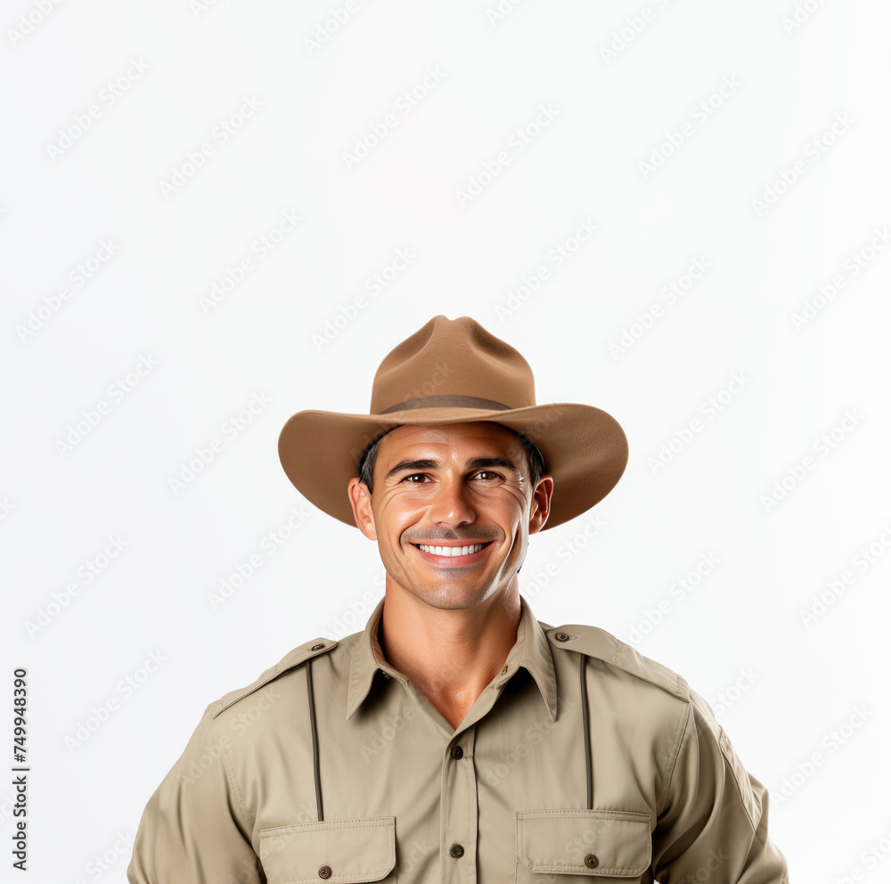 Standing tall in his safari uniform, a Male zookeeper's portrait is isolated against a solid background, embodying his commitment to caring for animals. Standing tall in his safari uniform, a Male zookeeper's portrait is isolated against a solid background, embodying his commitment to caring for animals.