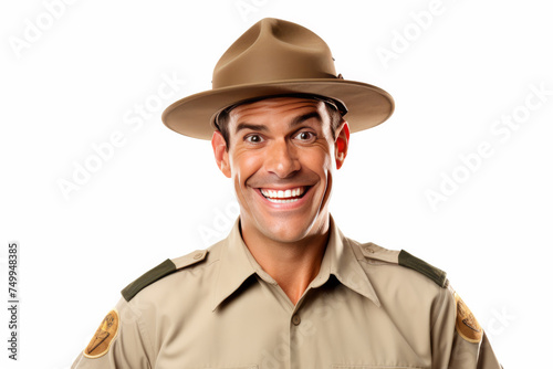 Standing tall in his safari uniform, a Male zookeeper's portrait is isolated against a solid background, embodying his commitment to caring for animals.