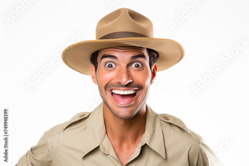 Standing tall in his safari uniform, a  Male zookeeper's portrait is isolated against a solid background, embodying his commitment to caring for animals.