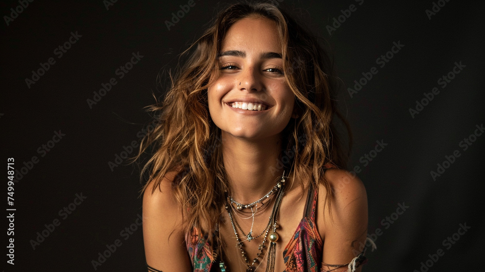 A radiant young woman with tousled waves, dressed in a bohemian maxi dress and layered jewelry, smiling serenely against a dreamy black background