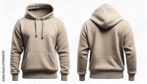 front and back view of a beige hoodie mockup for design print