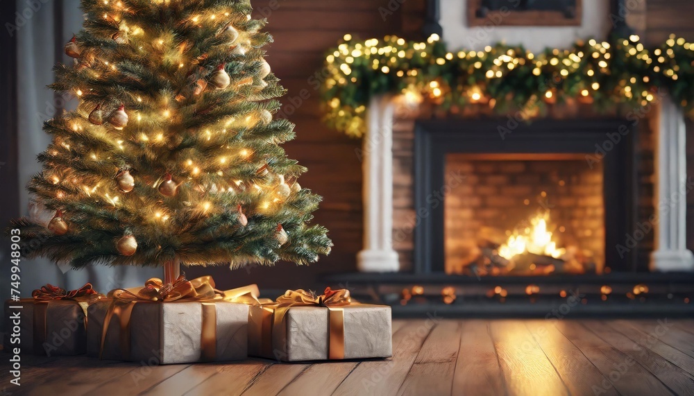 christmas tree with illumination near the fireplace blurred background with illumination lights on wooden background