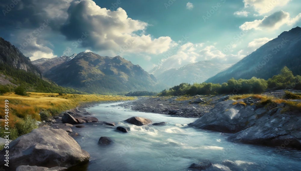 landscape with river running through valley mountainous countryside scenery in summer water flow along the rocky shore sunny day with clouds on the blue sky