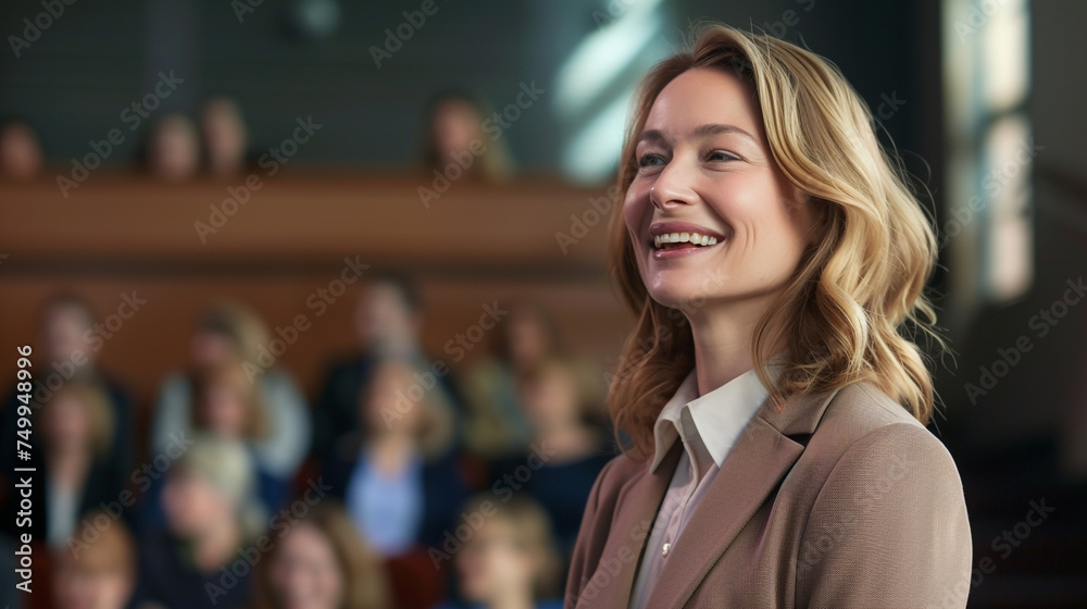 A successful businesswoman giving a presentation to a room full of colleagues, smiling as she captivates the audience with her confidence