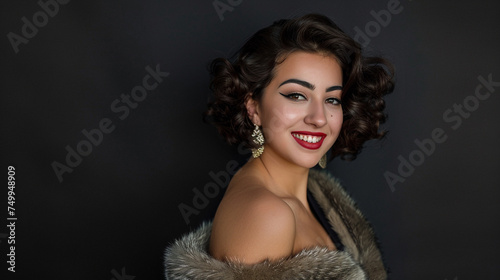 A stunning young woman with big curls wearing a cocktail dress and an opulent fur stole, grinning politely against a sleek black background