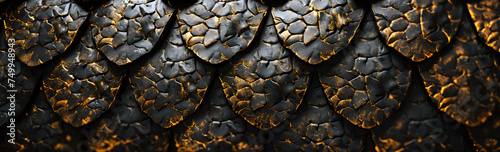 Background with black golden metallic scales of a reptilian dragon. Detailed retro snake skin pattern. Snake texture.  Year of the snake banner © Olga