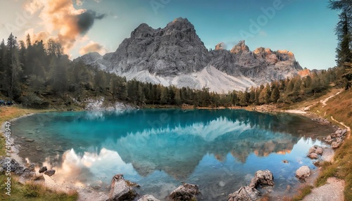 panoramic view to sorapis lake an unbelievable turquoise and azure lake in the heart of the dolomites near cortina d ampezzo italy south tyrol photo