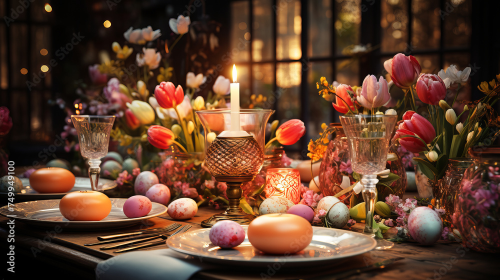 Candlelit Easter Dinner: A dining table set for an intimate Easter dinner with softly lit candles. Candlelit Easter Dinner: A dining table set for an intimate Easter dinner with softly lit candles.