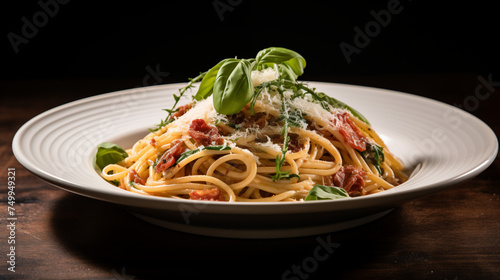 A mouthwatering plate of spaghetti carbonara, with crispy bacon, Parmesan cheese, and a creamy sauce