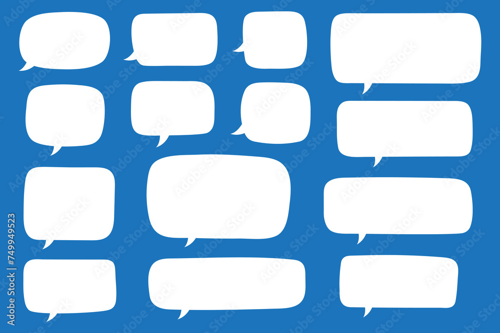 Set of hand drawn speech bubbles in rectangular shape. Speak bubble for text, cartoon chatting box, message box. Blank empty white speech bubbles. Set of hand drawn speech bubbles in rectangular shape. Speak bubble for text, cartoon chatting box, message box. Blank empty white speech bubbles.