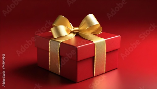 red gift box with golden ribbon bow elegant red present box with gold bow on a red background copy space background for greeting card for birthday christmas new year xmas