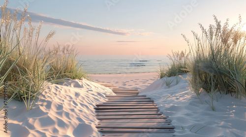 A photorealistic 3D model of a beach landscape featuring detailed sand dunes sea oats and a wooden pathway leading to the shore with dynamic lighting