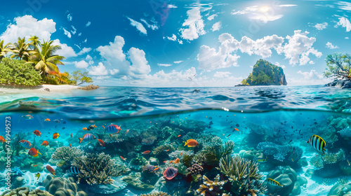 An immersive 3D panoramic view of a tropical beach with crystalclear water coral reefs visible beneath the surface and a vibrant marine life ecosystem