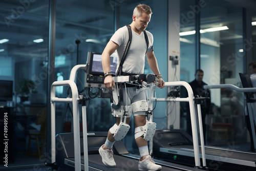 a robotic exoskeleton being used for leg rehabilitation focusing on the patients interaction with the device as they take steps on a treadmill monitored by rehabilitation software