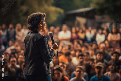 Highresolution image capturing the emotional moment of a woman speaking passionately about womens rights in front of a large crowd with the audiences rapt attention and support visible photo