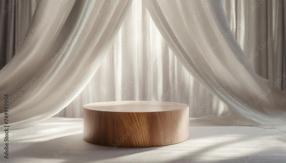 empty modern round wooden podium side table in soft white blowing drapery curtain drapes in sunlight for luxury cosmetic skincare beauty treatment fashion product display background 3d