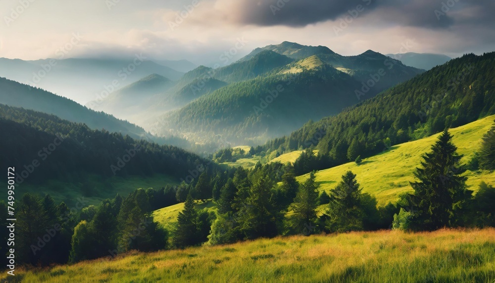 rural landscape in mountains on a summer morning wonderful nature scenery with forested rolling hills and green grassy meadows on a sunny day