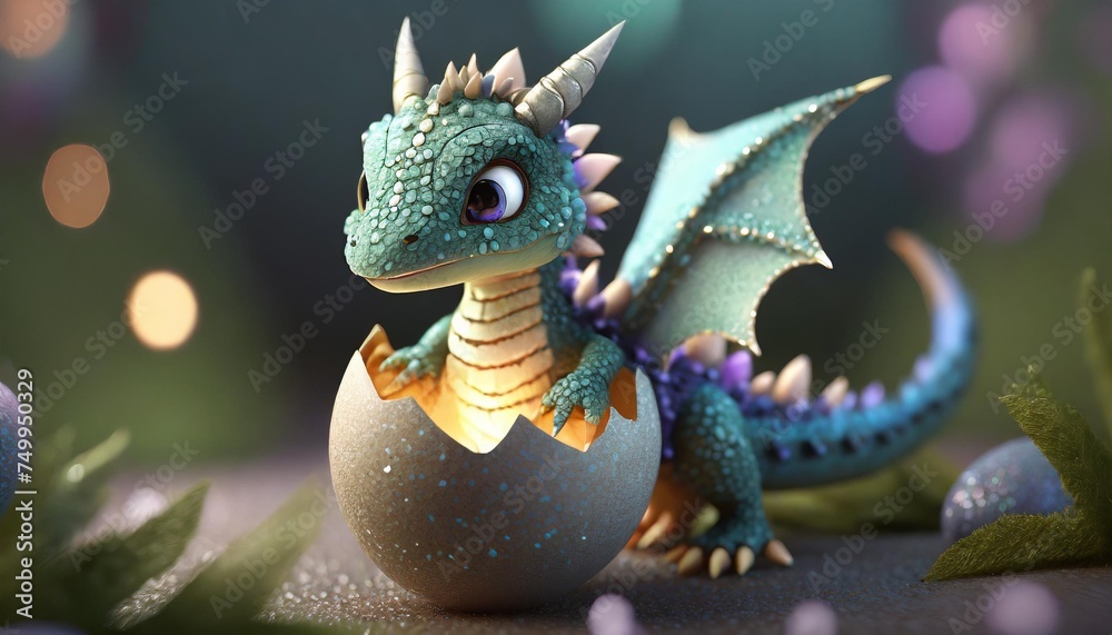cute cartoon baby dragon hatches from egg 3d render