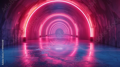 A futuristic tunnel bathed in pink and purple neon lights, creating a vibrant and surreal atmosphere