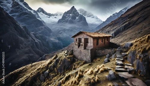 andean house in ruins in the peruvian mountains in an epic cold mountain landscape vertical photo