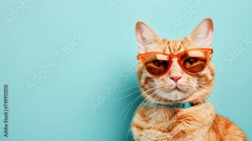 Cat wearing sunglasses on blue background