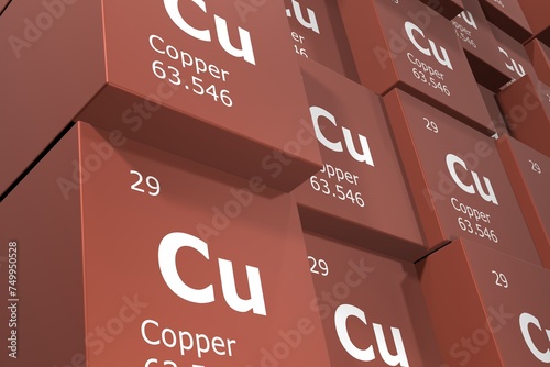 Copper, 3D rendering background of cubes of symbols of the elements of the periodic table, atomic number, atomic weight, name and symbol. Education, science and technology. 3D illustration