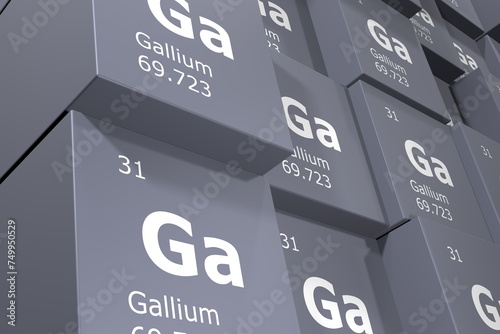 Gallium, 3D rendering background of cubes of symbols of the elements of the periodic table, atomic number, atomic weight, name and symbol. Education, science and technology. 3D illustration