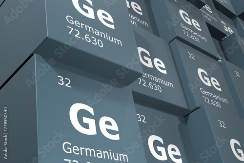 Germanium, 3D rendering background of cubes of symbols of the elements of the periodic table, atomic number, atomic weight, name and symbol. Education, science and technology. 3D illustration photo