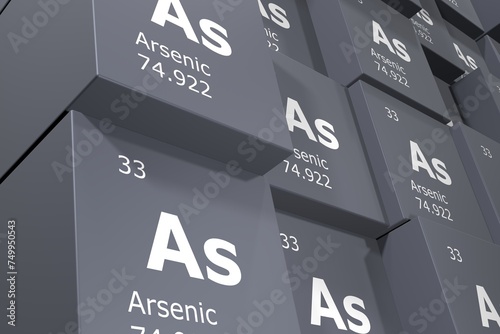 Arsenic, 3D rendering background of cubes of symbols of the elements of the periodic table, atomic number, atomic weight, name and symbol. Education, science and technology. 3D illustration