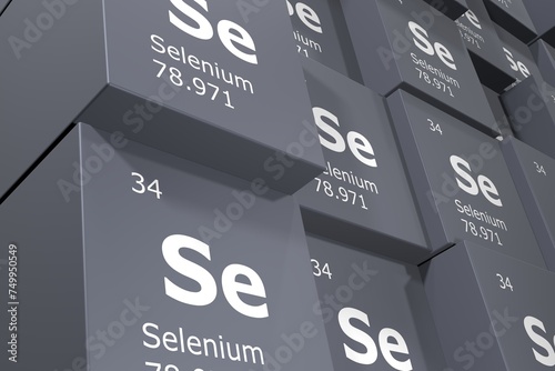 Selenium, 3D rendering background of cubes of symbols of the elements of the periodic table, atomic number, atomic weight, name and symbol. Education, science and technology. 3D illustration