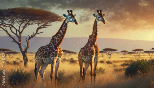 giraffes in the african savannah serengeti national park africa tanzania
