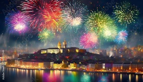 fireworks over the city in rainbow color