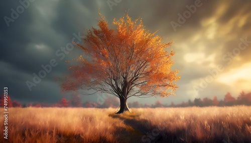 leafless tree on autumn meadow