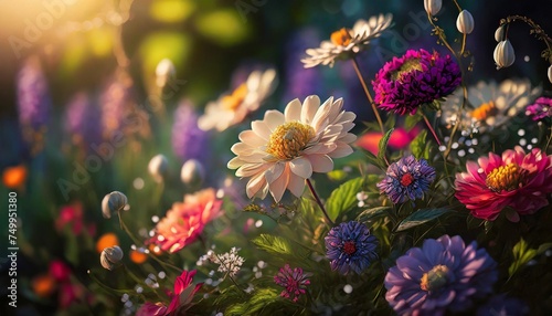 bright beautiful flower garden with different flowers on a sunny day