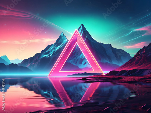 Abstract landscape with an arrow in the form of a triangle and neon lights design. Fantasy alien planet design. Mountain and lake. 