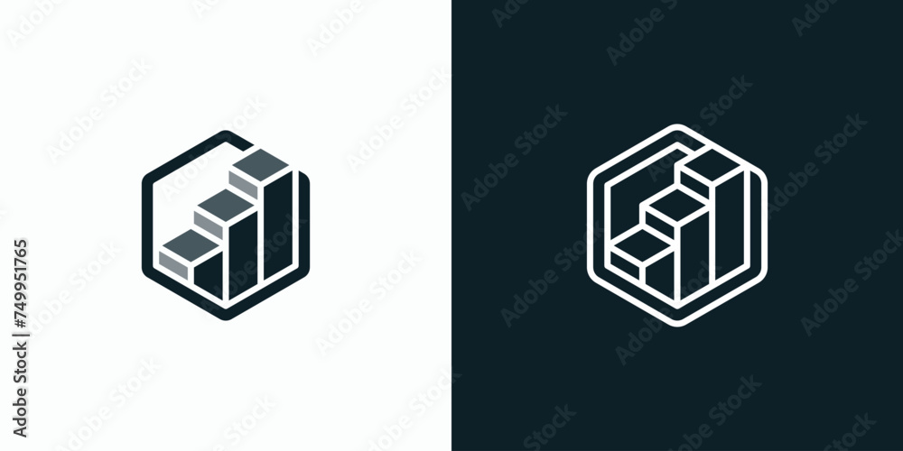 Vector logo design of geometric hexagon shape growth graph with three-dimensional effect modern, simple, clean and abstract style. - obrazy, fototapety, plakaty 