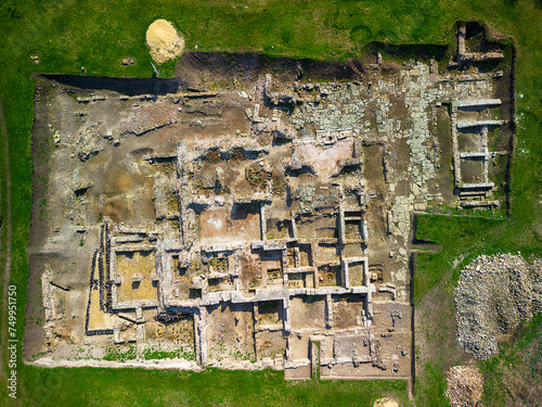 Drone view over Deultum .An ancient city and bishopric in Thrace. It was located at the mouth of the River Sredetska on the west coast of Lake Mandrensko,near the city of Burgas	
 photo