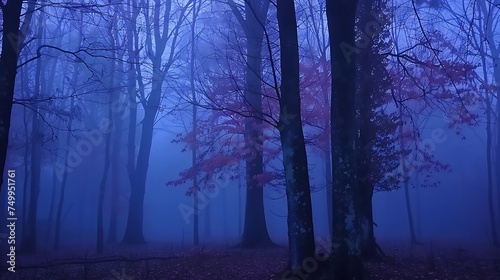 Explore the mystical atmosphere of a mist-shrouded forest at twilight