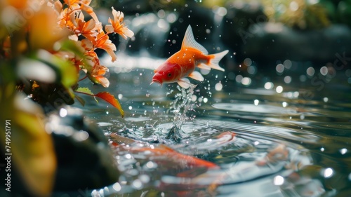 Goldfish jumps out of the water in a mesmerizing moment.