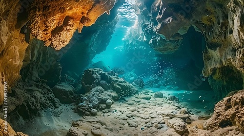 Explore the hidden world of underwater caves teeming with life