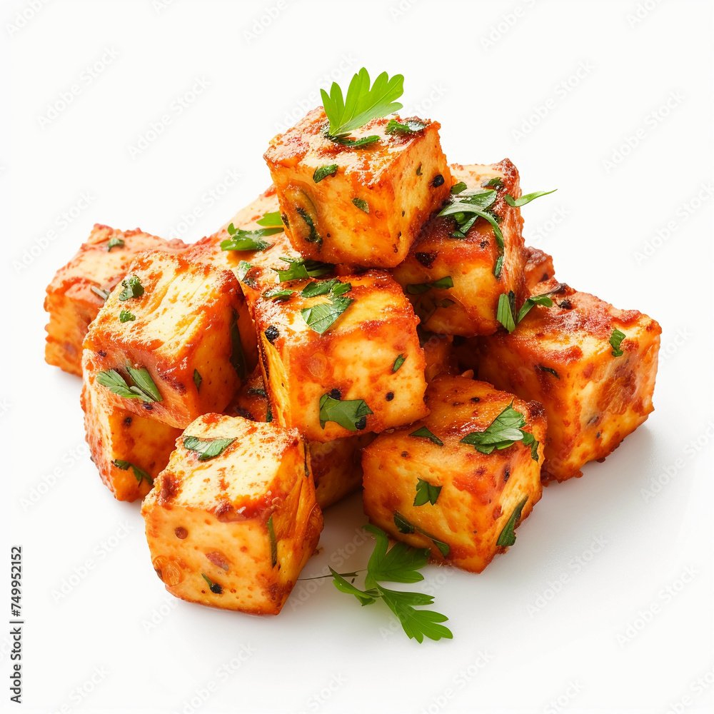 Fried tofu with green onions and cilantro leaves, healthy food recipe concept Fried tofu with green onions and cilantro leaves, healthy food recipe concept