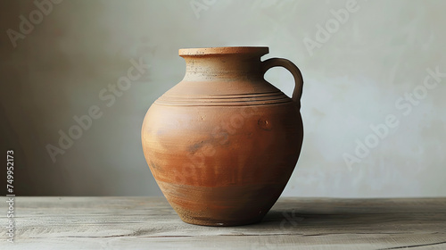 Clay jug with handle for milk on isolated gray background © Taisiia