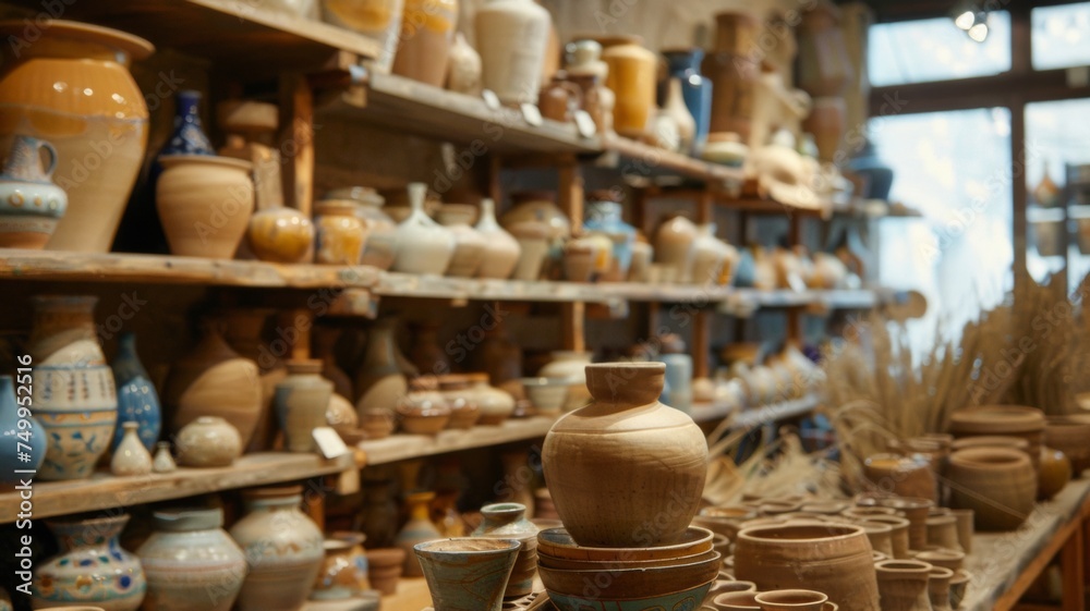A pottery shop, a place where handmade ceramics and pottery items are sold, showcasing artisanal craftsmanship and creativity.